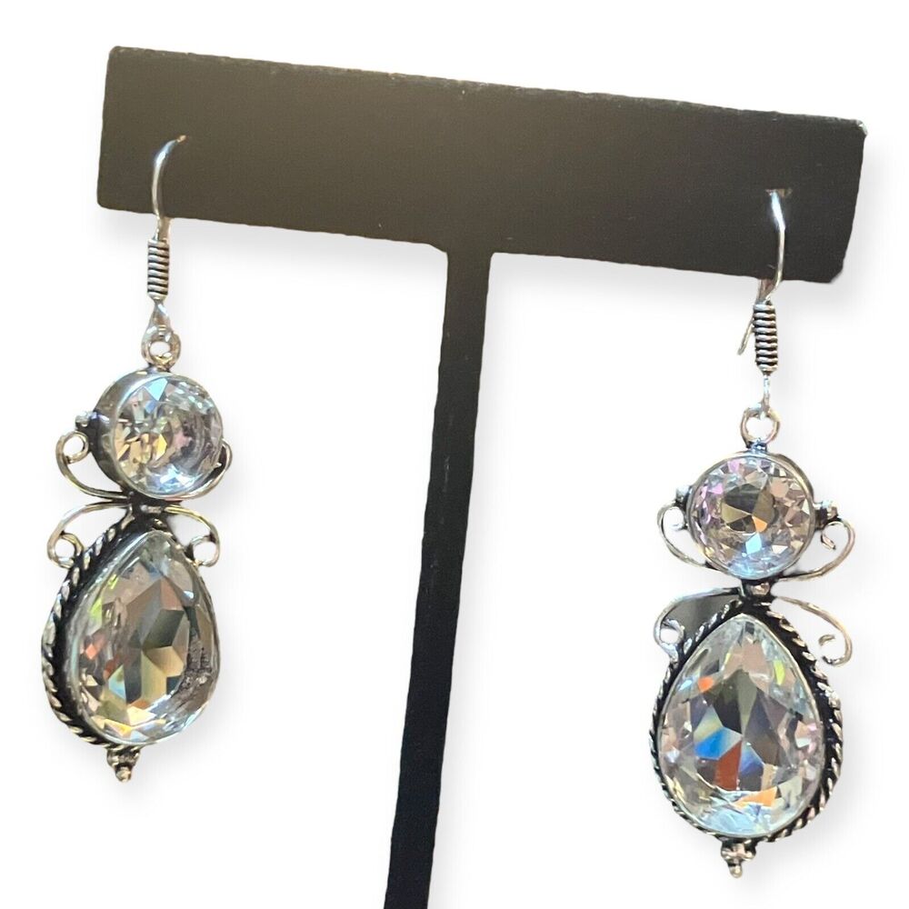 Faux Clear White‎ Topaz Drop Dangle Silver Tone Boho Festival Earrings 2.08"